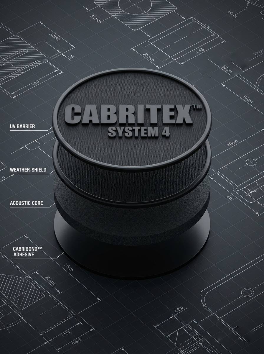 CAD diagram showing the 4-layer construction of a CabriTex™ convertible roof repair patch, including UV barrier, acoustic insulation, and waterproof adhesive layers.